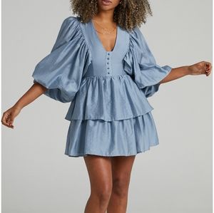 Showpo Constance Wide Sleeve Mini Party Dress Dusty Blue Size 2